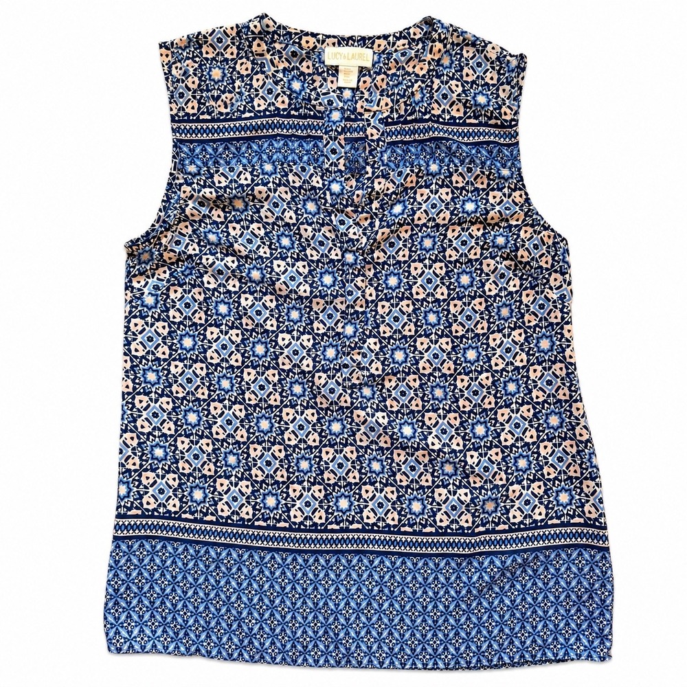 Lucy & Laurel Blue Peach Geometric Medallion Sleeveless Pleated Blouse Small